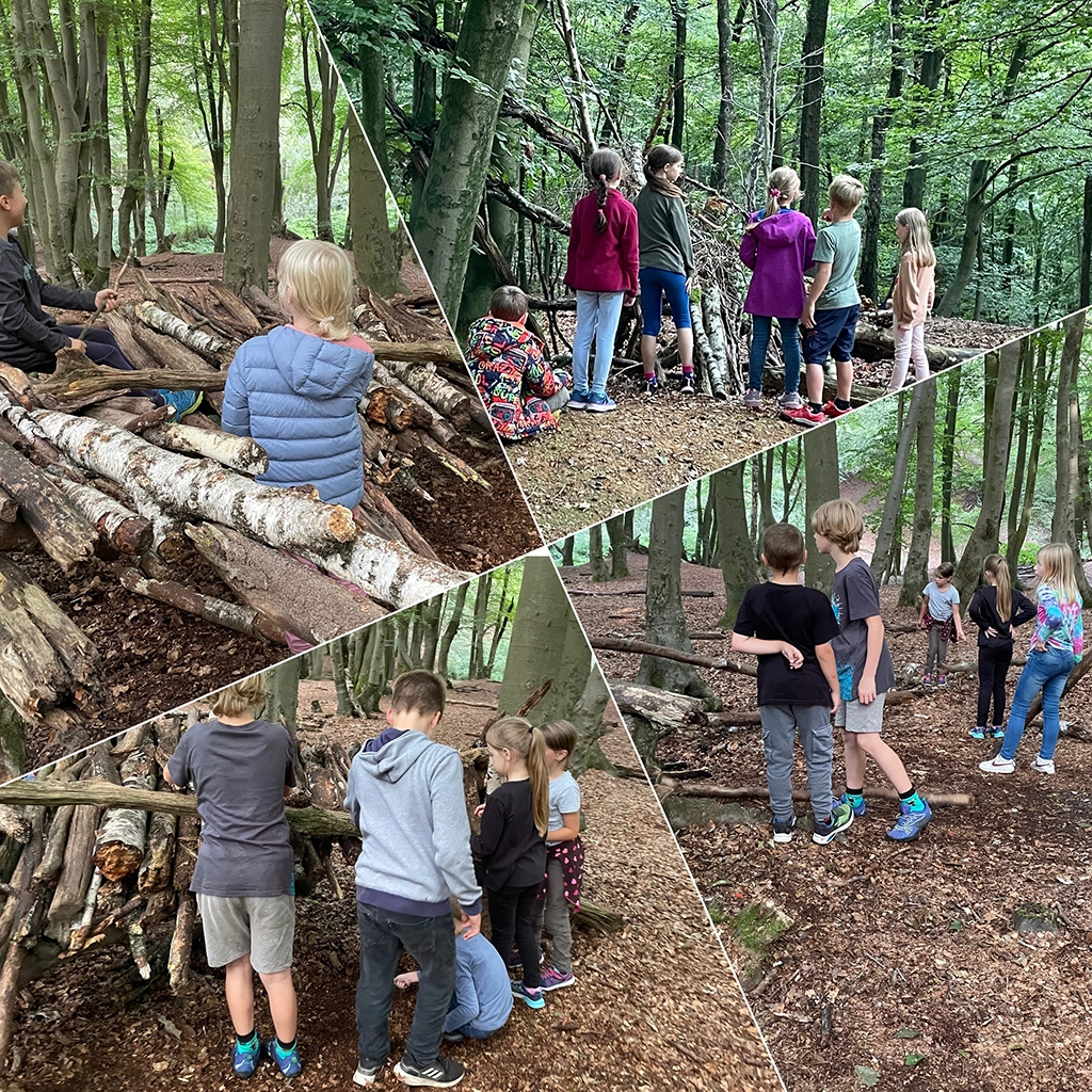 Die Kinder der Gruppe "Die Entdecker sind im Wald. Sie sitzen auf Holzstämmen und bauen einen kleinen Unterstand.