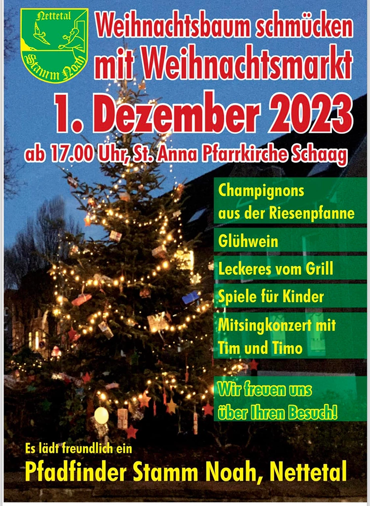 Das Bild zeigt einen festlich geschmückten Weihnachtsbaum auf dem Weihnachtsmarkt in Schaag.