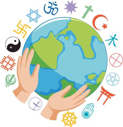 Die Welt ist umrahmt von kirchlichen Symbolen vieler verschiedener Glaubensrichtungen und wird in Händen gehalten.