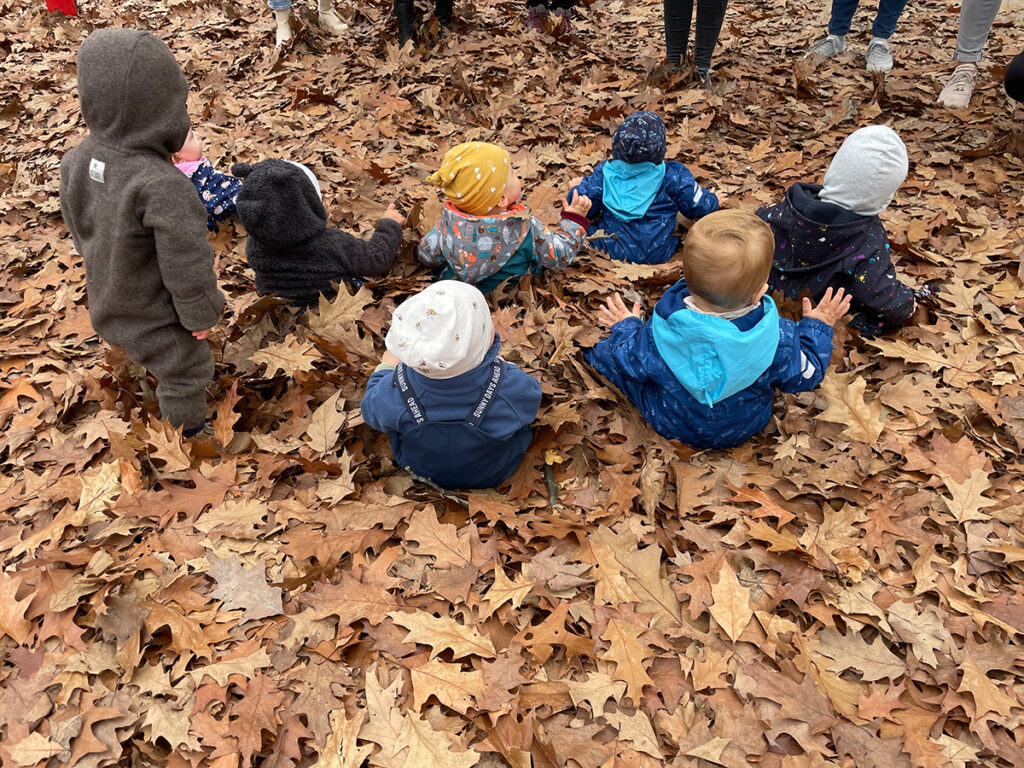 Viele kleine Kinder sitzen auf dem Waldboden. Es ist Herbst und der Waldboden ist voll mit braunen Blättern.