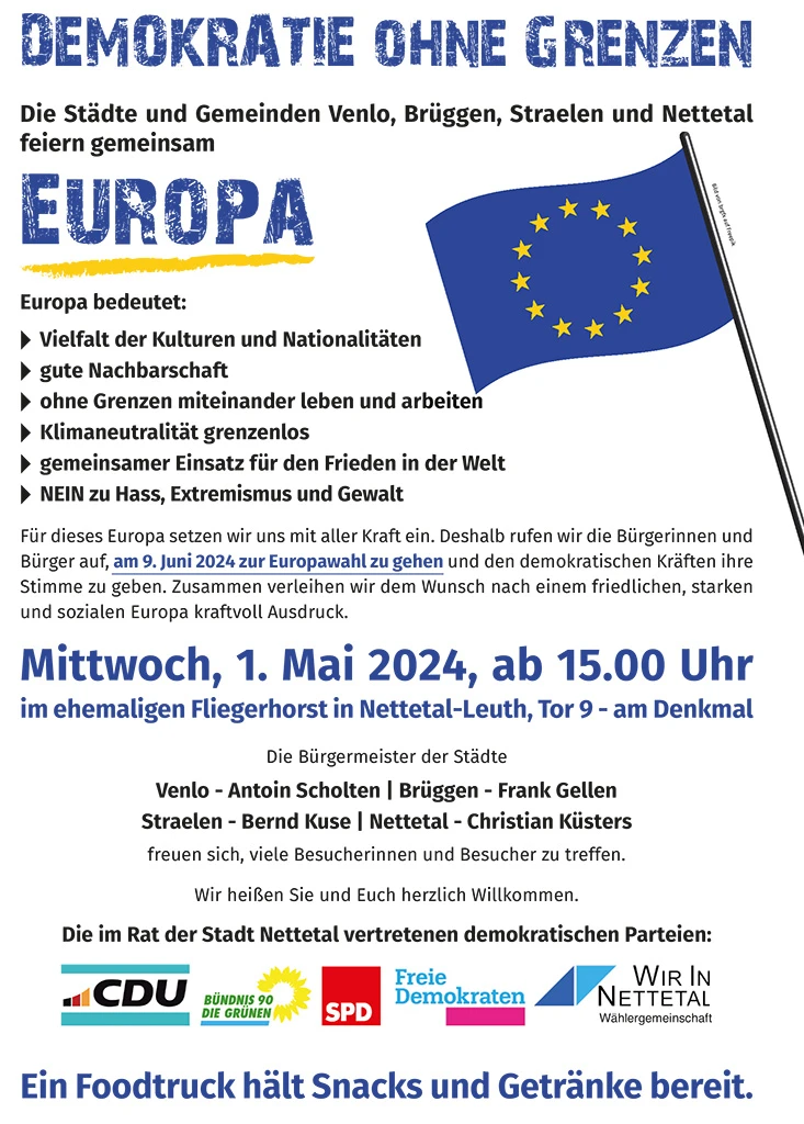 Europaflagge mit den Daten Der Veranstaltung "Demokratie ohne Grenzen"