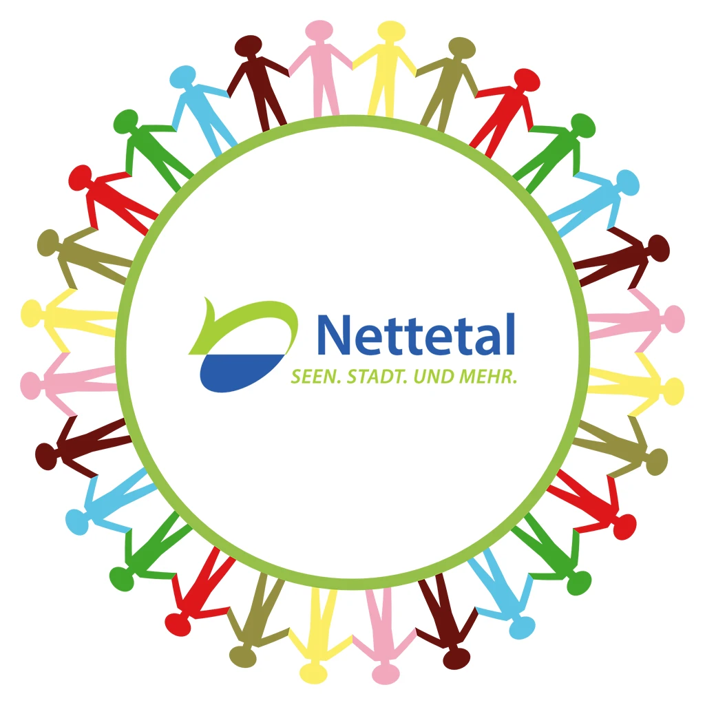 Viele bunte Menschen halten sich um einenKreis herum an den Händen. Innen ist das Logo der Stadt Nettetal.