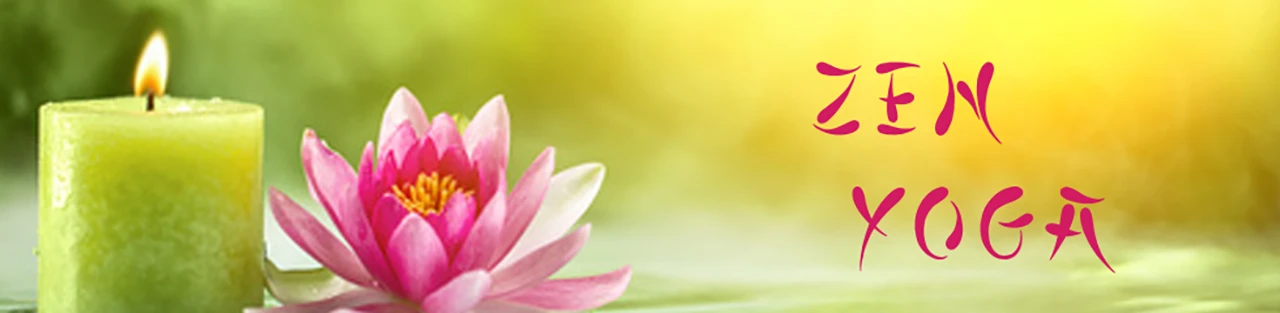 Kerze, Lotusblüte und der Text "Zen Yoga"