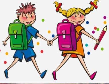 Zeichnung mit einem fröhlichen Jungen und einem fröhlichen Mädchen mit Schulranzen