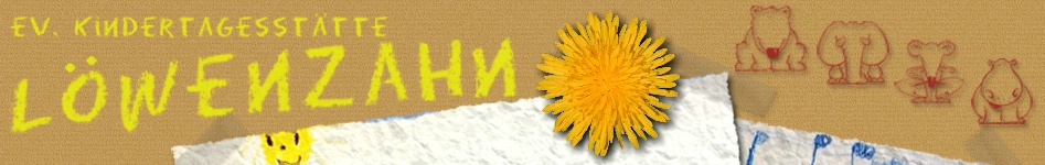 Blüte des Löwenzahns und Schriftzug der Kita sowie lustige Tiere