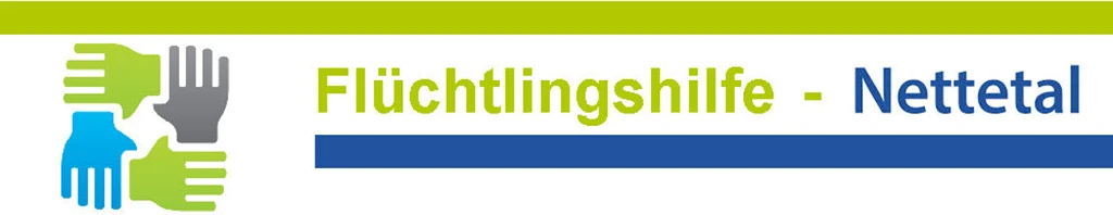Logo der Flüchtlingshilfe Nettetal mit 4 Händen und Text