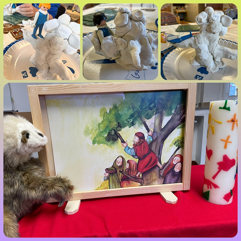 Collage mit von den Kindern getöpferten Bäumen und das Bild von Zachaeus auf dem Baum