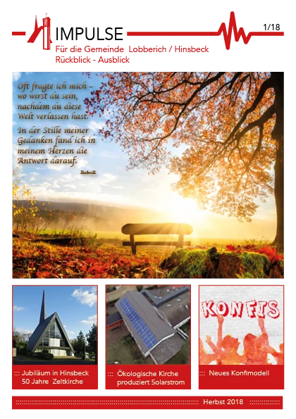 Bank im Sonnenuntergang, Kirche in Hinsbeck, Dach mit Solarpanels, Jugendliche mit erhobenen Händen und Text "Konfis"