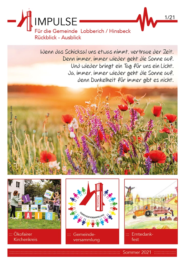 Blühende Sommerwiese, Kartons mit Aufschrift "Ökofair" im Garten der Kirche, Bunte Menschen im Kreis um das Symbol der Kirche Lobberich, Kinderzeichnung Traktor auf dem Feld