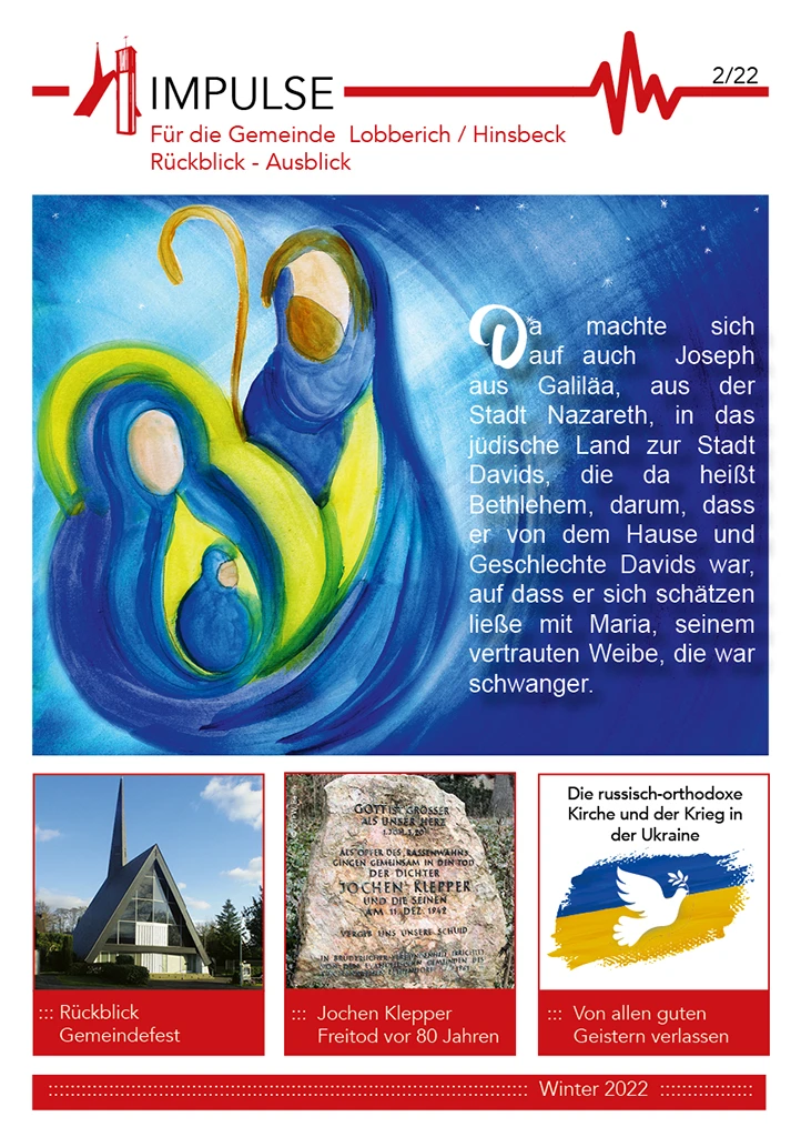 Moderne Zeichnung Maria, Josef und Jesus, Kirche in Hinsbeck, Grabstein Jochen Klepper, Weiße Friedenstaube auf blau-gelben Hintergrund