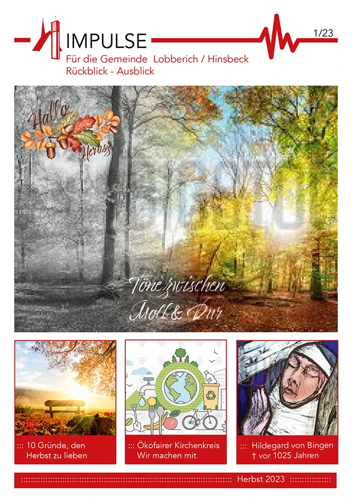 Herbstwald, Bank im Herbst , Symbol des oökofairen Kirchenkreises und Bild von Hildegard von Bingen