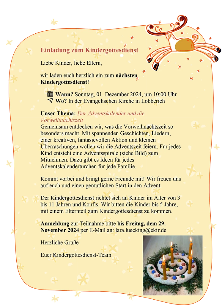 Einladung zum Kindergottesdienst am 1.12.2024